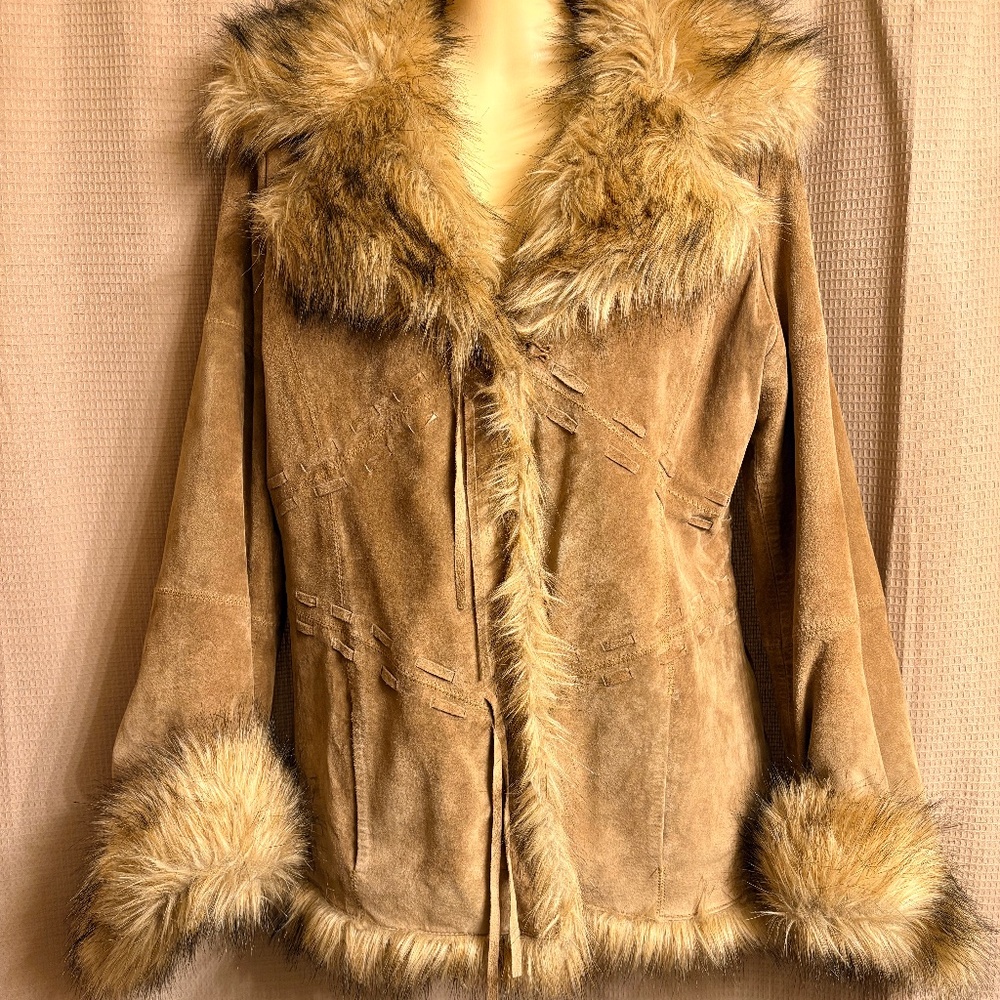 XOXO Suede Leather Jacket with Faux Fur Trim